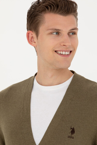 Men's Khaki Melange Basic Knit Cardigan - 2