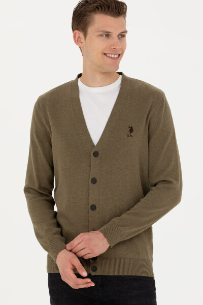 Men's Khaki Melange Basic Knit Cardigan - 3