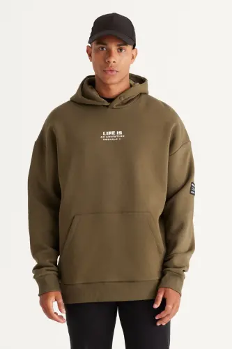 Men's Khaki Oversize Fit Hooded Fleece-Lined 3-Thread Cotton Sweatshirt - Khaki 