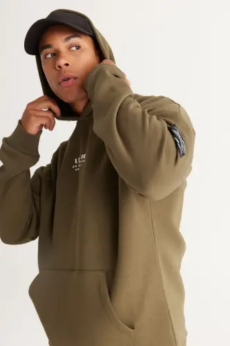 Men's Khaki Oversize Fit Hooded Fleece-Lined 3-Thread Cotton Sweatshirt - Khaki - 3
