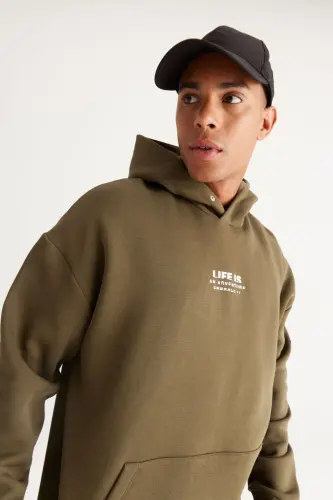 Men's Khaki Oversize Fit Hooded Fleece-Lined 3-Thread Cotton Sweatshirt - Khaki - 4