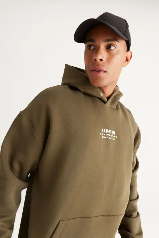 Men's Khaki Oversize Fit Hooded Fleece-Lined 3-Thread Cotton Sweatshirt - Khaki - 4