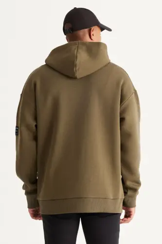 Men's Khaki Oversize Fit Hooded Fleece-Lined 3-Thread Cotton Sweatshirt - Khaki - 6