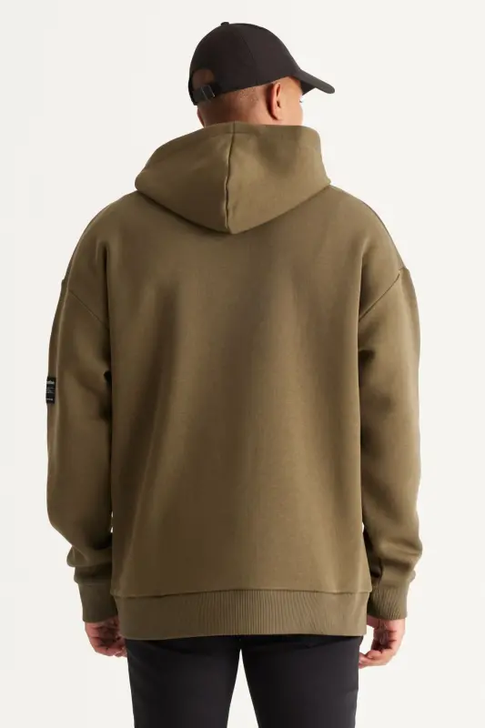 Men's Khaki Oversize Fit Hooded Fleece-Lined 3-Thread Cotton Sweatshirt - Khaki - 6
