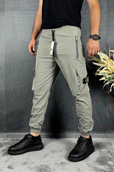 Men's Khaki Parachute Fabric Zipper Pocket Jogger Cargo Pants - 10