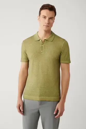 Men's Khaki Polo Neck 3 Button Garment Dyed Regular Fit Knit T-shirt A41y5067 - 3