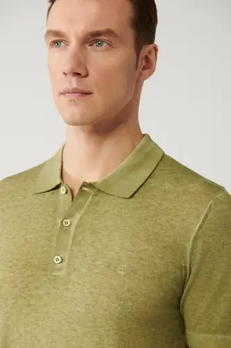 Men's Khaki Polo Neck 3 Button Garment Dyed Regular Fit Knit T-shirt A41y5067 - AVVA (1)