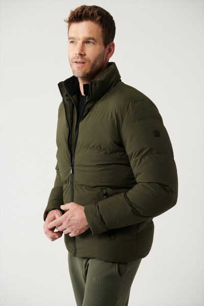 Men's Khaki Puffer Jacket Stand Collar Water Repellent Windproof Quilted Comfort Fit E006012 - 7