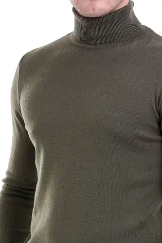 Men's Khaki Regular Fit Plain Turtleneck Knit Sweater - 4