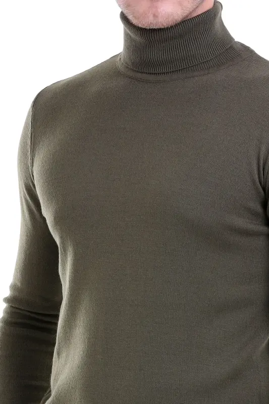 Men's Khaki Regular Fit Plain Turtleneck Knit Sweater - 4