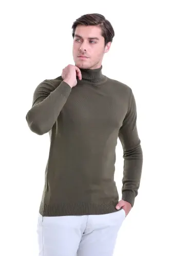 Men's Khaki Regular Fit Plain Turtleneck Knit Sweater 