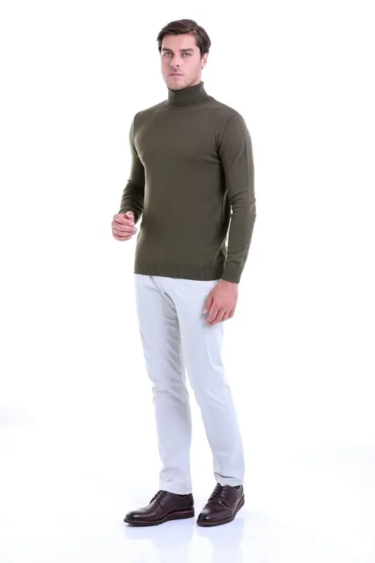 Men's Khaki Regular Fit Plain Turtleneck Knit Sweater - 2