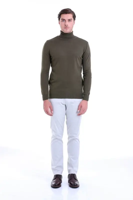 Men's Khaki Regular Fit Plain Turtleneck Knit Sweater - 3