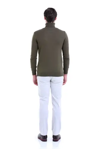 Men's Khaki Regular Fit Plain Turtleneck Knit Sweater - 5