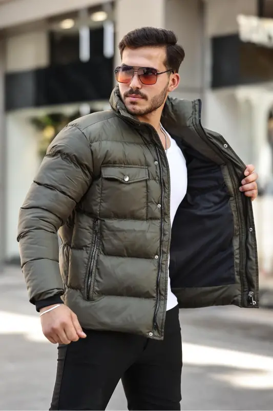 Men's Khaki Regular Fit Stand Collar Water And Windproof Puffer Jacket - 4