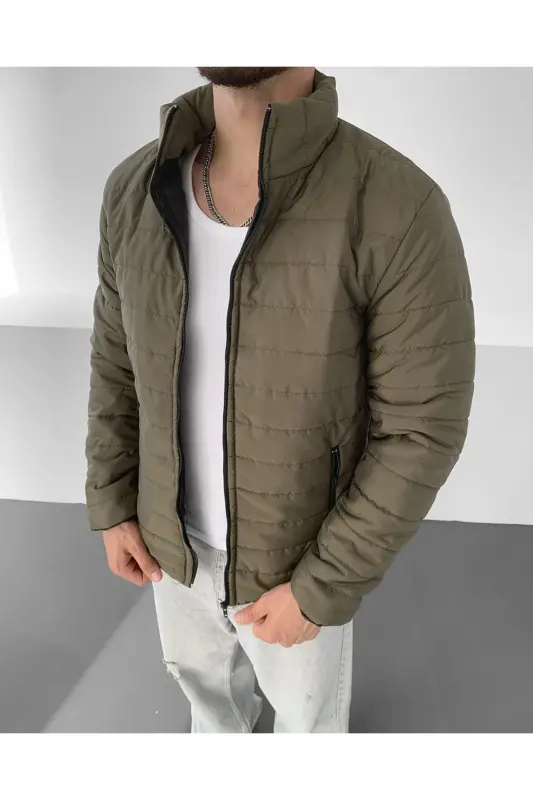 Men's Khaki Regular Waterproof Zipped Inner Pockets Puffer Jacket - Khaki - 1