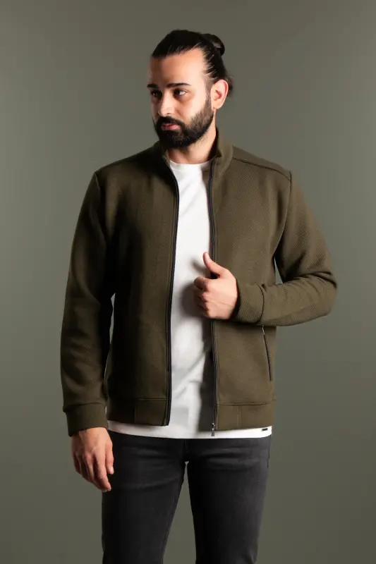 MENS KHAKI RIBBED CARDIGAN - KHAKI - 1