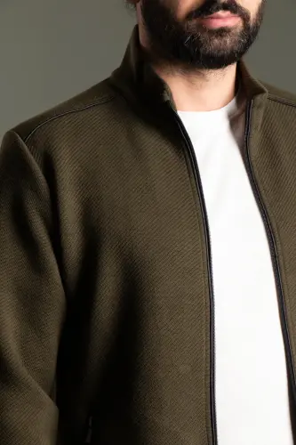 MENS KHAKI RIBBED CARDIGAN - KHAKI - 2
