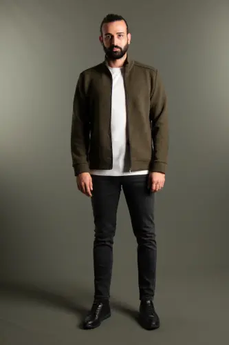 MENS KHAKI RIBBED CARDIGAN - KHAKI - 3