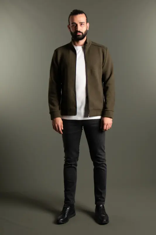 MENS KHAKI RIBBED CARDIGAN - KHAKI - 3