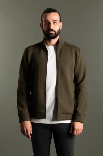 MENS KHAKI RIBBED CARDIGAN - KHAKI - 5