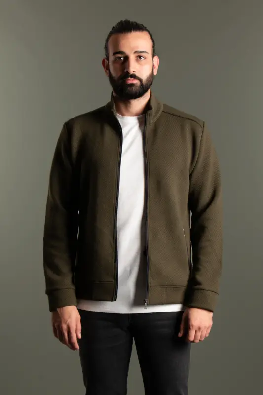 MENS KHAKI RIBBED CARDIGAN - KHAKI - 5