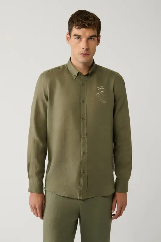 Men's Khaki Shirt Buttoned Collar 100% Linen Embroidered Detail Comfort Fit A41y2232 - 4