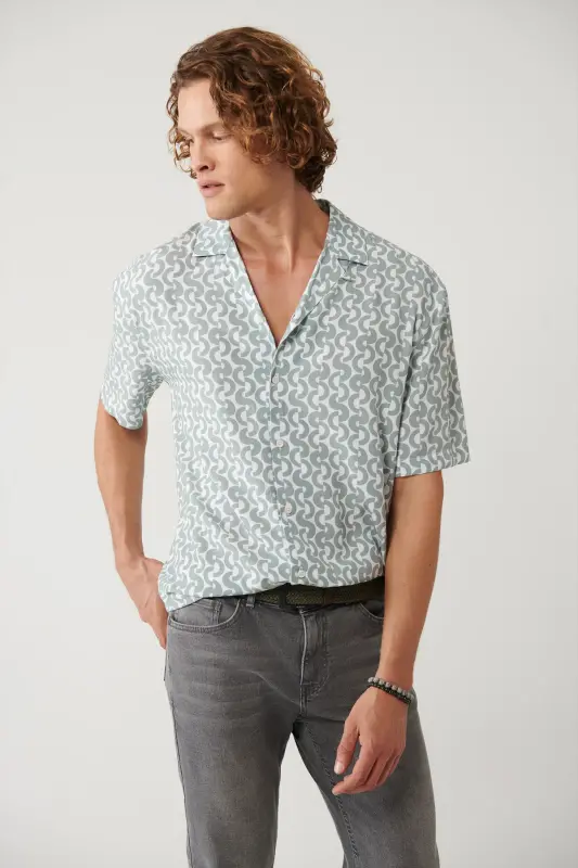 Men's Khaki Shirt with Apaj Collar Printed Viscose Regular Fit A41y2148 - 1