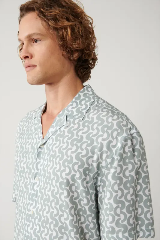 Men's Khaki Shirt with Apaj Collar Printed Viscose Regular Fit A41y2148 - 2