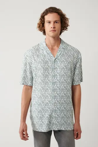 Men's Khaki Shirt with Apaj Collar Printed Viscose Regular Fit A41y2148 - 3