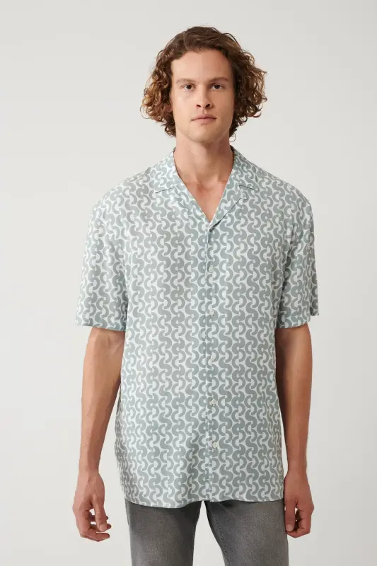 Men's Khaki Shirt with Apaj Collar Printed Viscose Regular Fit A41y2148 - 3