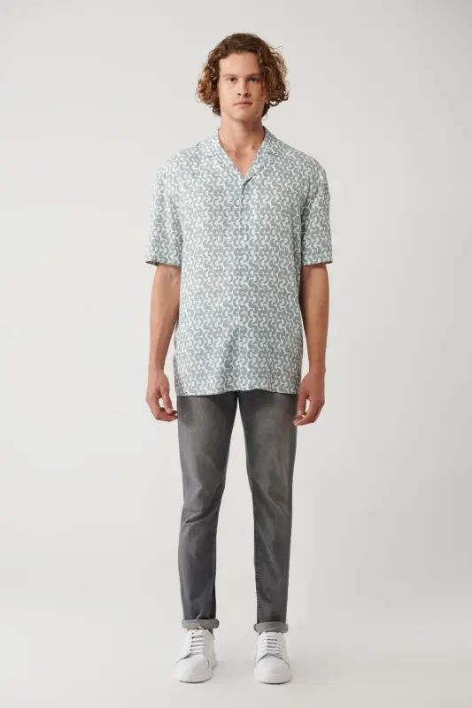 Men's Khaki Shirt with Apaj Collar Printed Viscose Regular Fit A41y2148 - 7