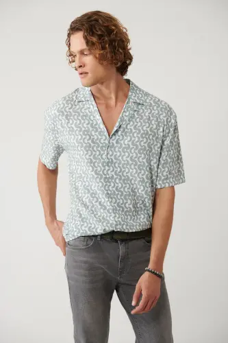 Men's Khaki Shirt with Apaj Collar Printed Viscose Regular Fit A41y2148 - 1
