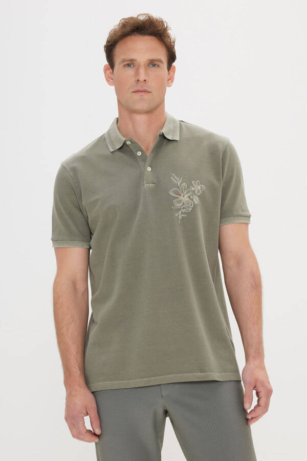 Men's Khaki Slim Fit 100% Cotton Printed Polo Shirt - 1
