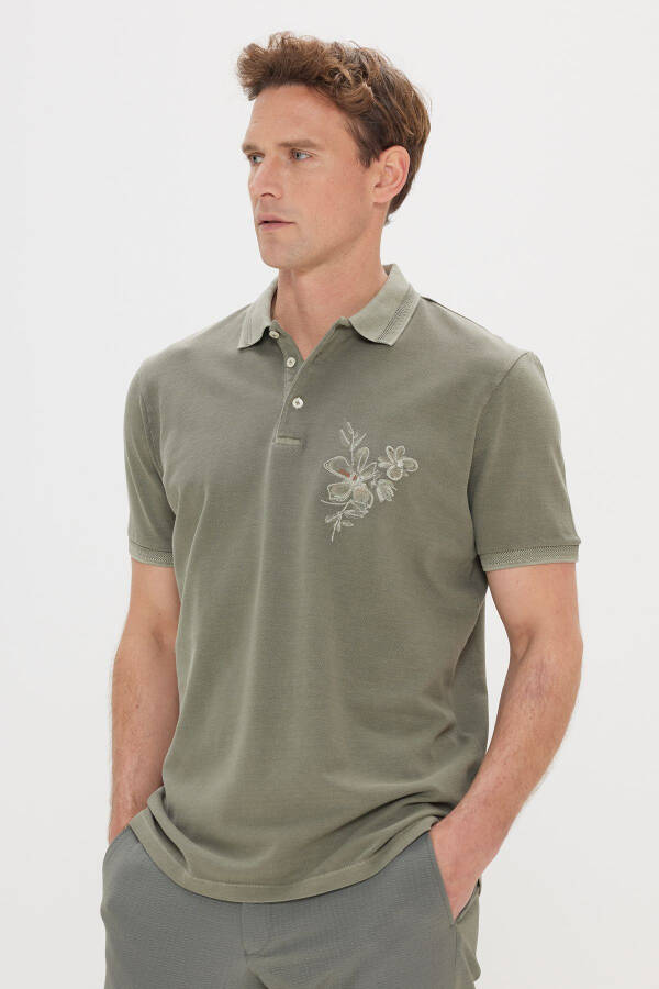 Men's Khaki Slim Fit 100% Cotton Printed Polo Shirt - 3