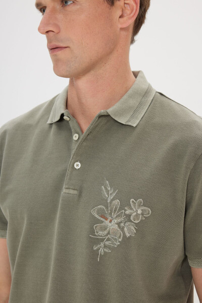 Men's Khaki Slim Fit 100% Cotton Printed Polo Shirt - 4