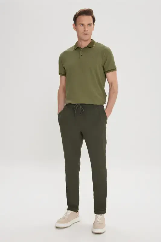 Men's Khaki Slim Fit Comfort Fit Tie Waist Side Pocket Jogger Pants-Khaki - 3