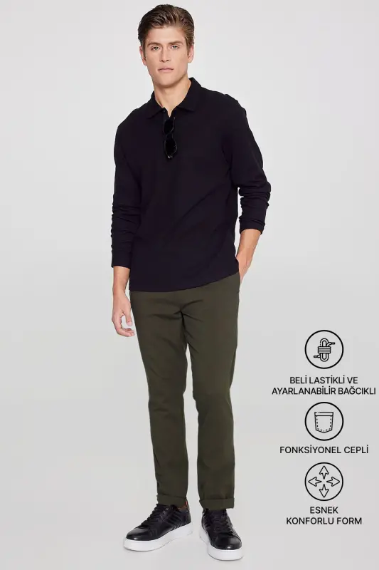 Men's Khaki Slim Fit Comfort Fit Tie Waist Side Pocket Jogger Pants-Khaki - AC&CO / ALTINYILDIZ CLASSICS