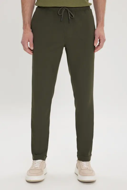 Men's Khaki Slim Fit Comfort Fit Tie Waist Side Pocket Jogger Pants-Khaki - MODAZONE