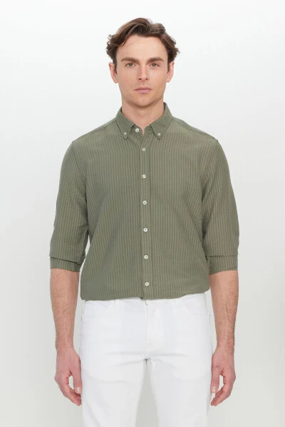 Men's Khaki Slim Fit Narrow Cut Buttoned Collar Textured Gaufrered Patterned Shirt - ALTINYILDIZ CLASSICS