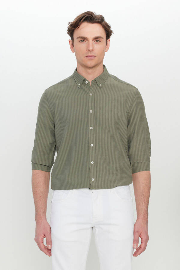 Men's Khaki Slim Fit Narrow Cut Buttoned Collar Textured Gaufrered Patterned Shirt - 1