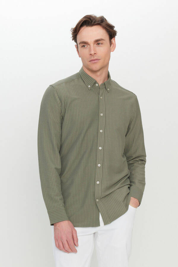 Men's Khaki Slim Fit Narrow Cut Buttoned Collar Textured Gaufrered Patterned Shirt - 3