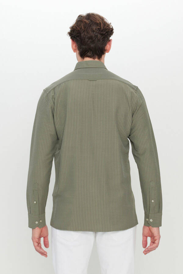 Men's Khaki Slim Fit Narrow Cut Buttoned Collar Textured Gaufrered Patterned Shirt - 5