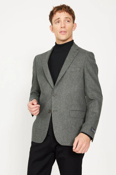 Men's Khaki Slim Fit Narrow Cut Mono Collar Wool Jacket - ALTINYILDIZ CLASSICS