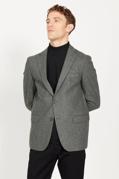 Men's Khaki Slim Fit Narrow Cut Mono Collar Wool Jacket - 4