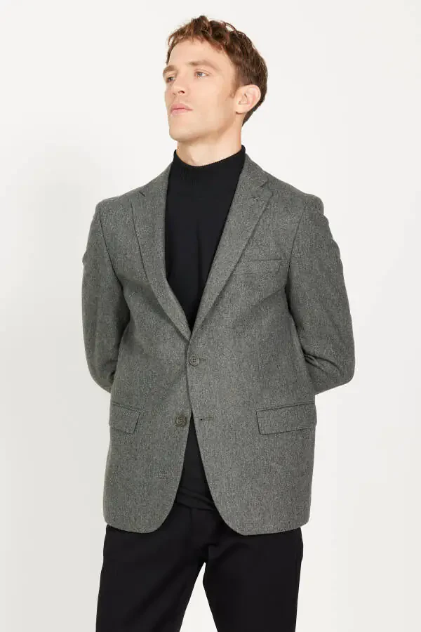 Men's Khaki Slim Fit Narrow Cut Mono Collar Wool Jacket - 4
