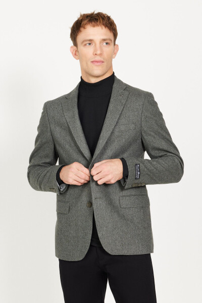 Men's Khaki Slim Fit Narrow Cut Mono Collar Wool Jacket - 3