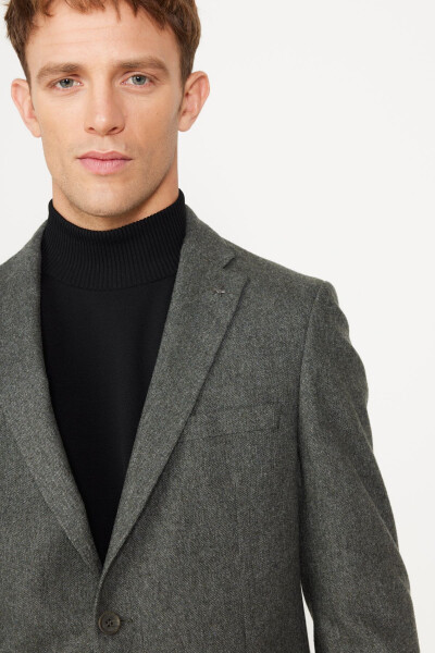 Men's Khaki Slim Fit Narrow Cut Mono Collar Wool Jacket - 5