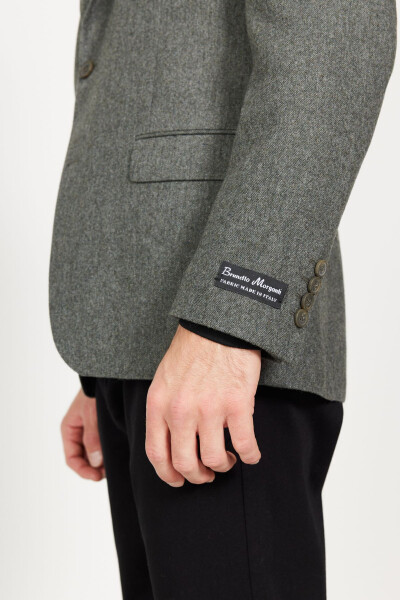 Men's Khaki Slim Fit Narrow Cut Mono Collar Wool Jacket - 6