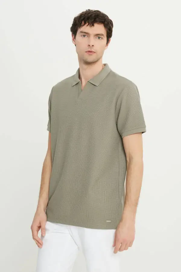 Men's Khaki Slim Fit Narrow Cut Polo Collar Jacquard Stretch T-Shirt - 1